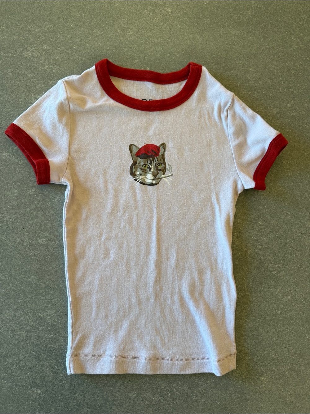 BDG White Ringer Tee with Red Trim and Cat 🐱 Head Graphic
